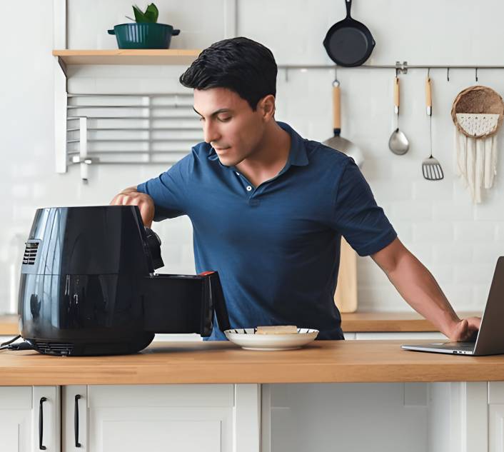 A képen egy férfi nézegeti a frissen vett Air Fryer-ét.